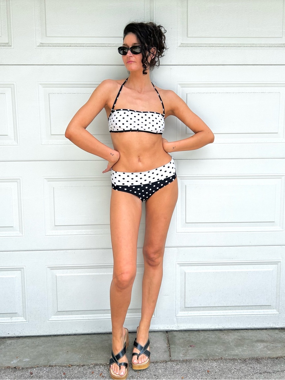 Vintage Polka Dot Bandeau Bikini Set Black & White M/L Beach Two Piece